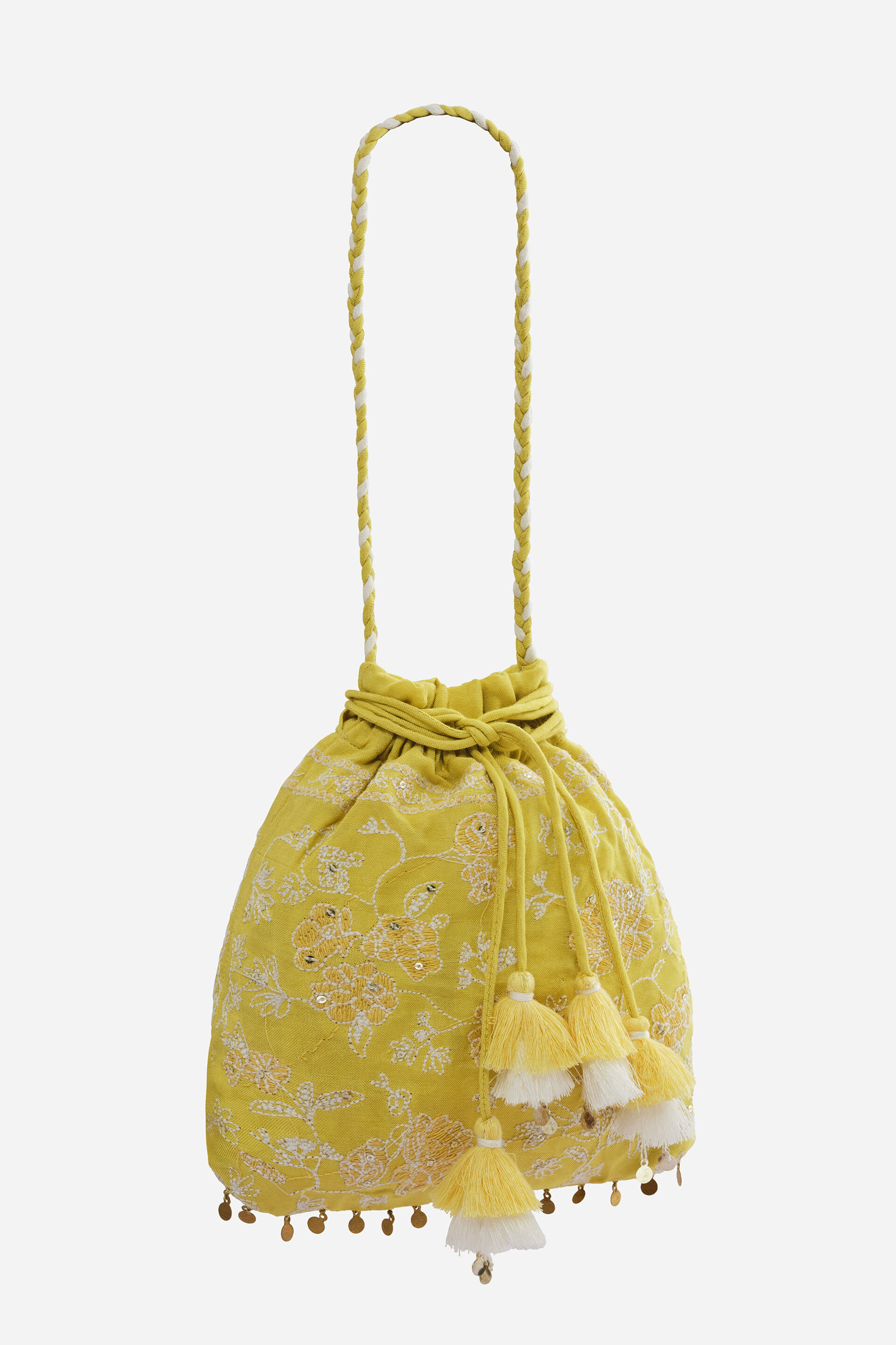 Embroidered Potli Bag in Yellow, , image 2